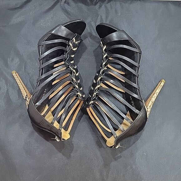 COACH JOSEY WOMEN'S BLACK LEATHER SNAKE HIGH HEELS OPEN TOE SHOES - Picture 9 of 16